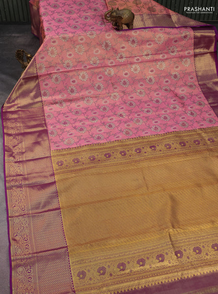 Kanchipuram tissue silk saree peach pink and purple with allover zari woven brocade floral weaves and long rich zari woven border