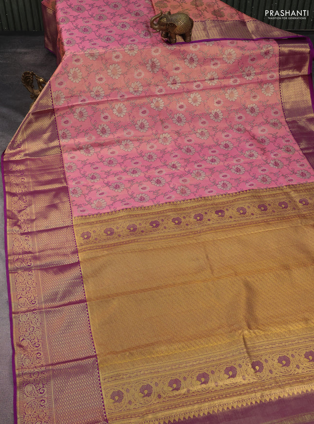 Kanchipuram tissue silk saree peach pink and purple with allover zari woven brocade floral weaves and long rich zari woven border