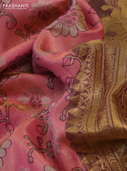 Kanchipuram tissue silk saree peach pink and purple with allover zari woven brocade floral weaves and long rich zari woven border