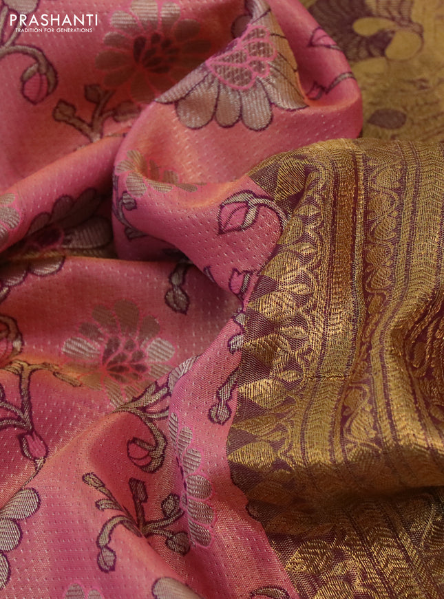 Kanchipuram tissue silk saree peach pink and purple with allover zari woven brocade floral weaves and long rich zari woven border