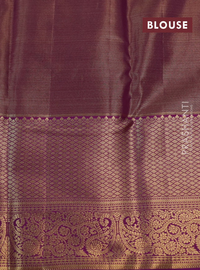 Kanchipuram tissue silk saree peach pink and purple with allover zari woven brocade floral weaves and long rich zari woven border