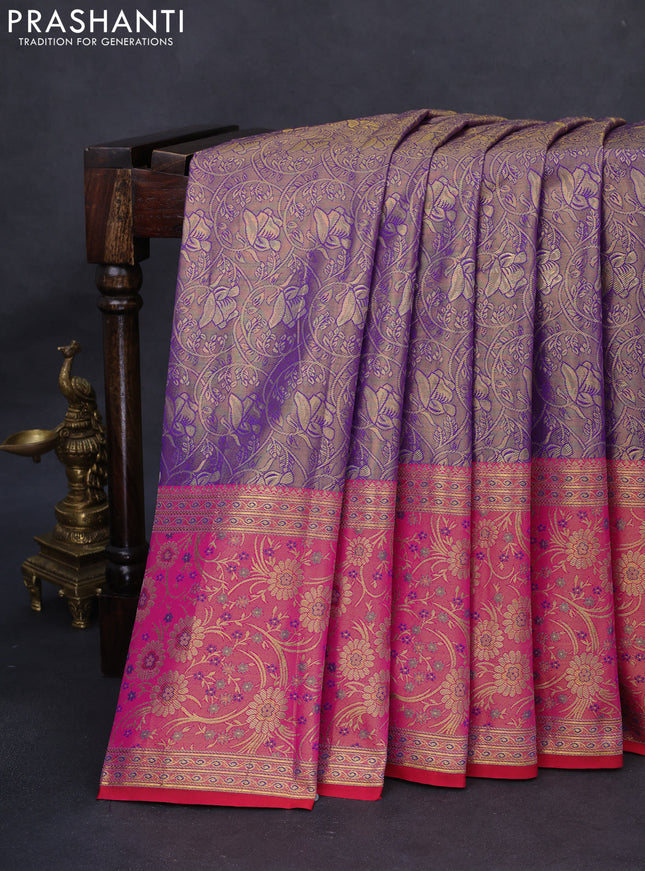 Kanchipuram tissue silk saree dual shade of golden violet and pink with allover zari woven floral brocade weaves and long rich zari woven minakari border