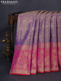 Kanchipuram tissue silk saree dual shade of golden violet and pink with allover zari woven floral brocade weaves and long rich zari woven minakari border