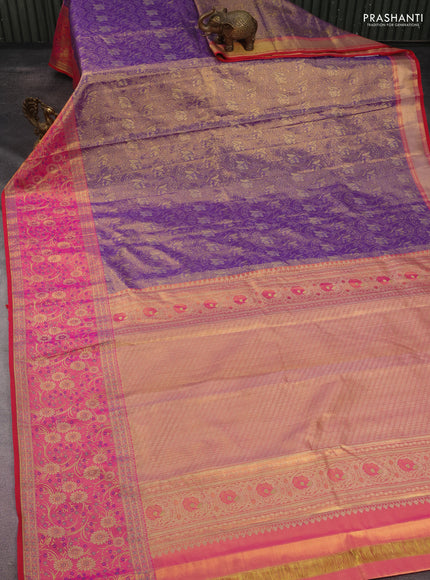 Kanchipuram tissue silk saree dual shade of golden violet and pink with allover zari woven floral brocade weaves and long rich zari woven minakari border