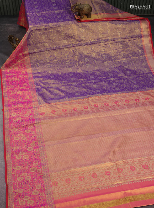 Kanchipuram tissue silk saree dual shade of golden violet and pink with allover zari woven floral brocade weaves and long rich zari woven minakari border