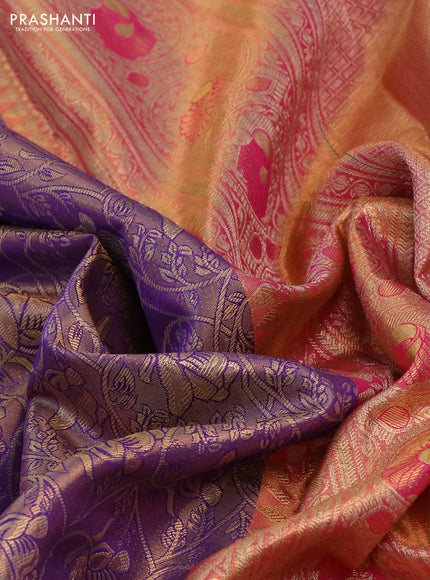 Kanchipuram tissue silk saree dual shade of golden violet and pink with allover zari woven floral brocade weaves and long rich zari woven minakari border