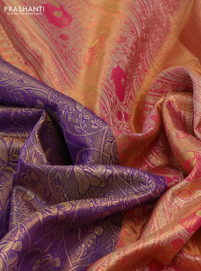 Kanchipuram tissue silk saree dual shade of golden violet and pink with allover zari woven floral brocade weaves and long rich zari woven minakari border