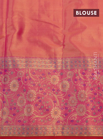 Kanchipuram tissue silk saree dual shade of golden violet and pink with allover zari woven floral brocade weaves and long rich zari woven minakari border