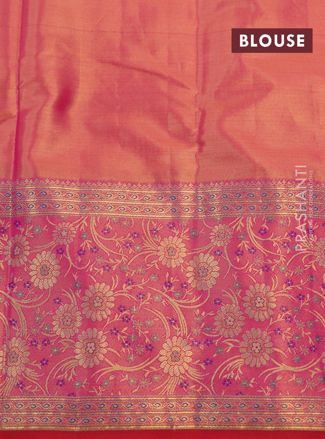 Kanchipuram tissue silk saree dual shade of golden violet and pink with allover zari woven floral brocade weaves and long rich zari woven minakari border