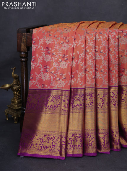 Kanchipuram tissue silk saree peach pink and purple with allover zari woven floral brocade weaves and long rich zari woven border