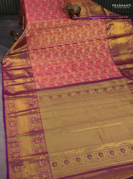 Kanchipuram tissue silk saree peach pink and purple with allover zari woven floral brocade weaves and long rich zari woven border