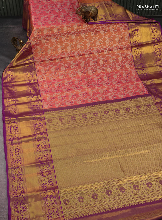 Kanchipuram tissue silk saree peach pink and purple with allover zari woven floral brocade weaves and long rich zari woven border