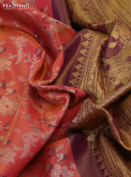 Kanchipuram tissue silk saree peach pink and purple with allover zari woven floral brocade weaves and long rich zari woven border