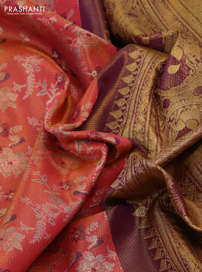 Kanchipuram tissue silk saree peach pink and purple with allover zari woven floral brocade weaves and long rich zari woven border