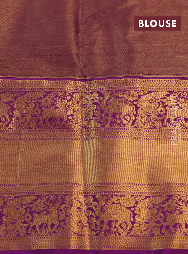 Kanchipuram tissue silk saree peach pink and purple with allover zari woven floral brocade weaves and long rich zari woven border