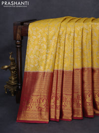 Kanchipuram tissue silk saree yellow and maroon with allover zari woven floral brocade weaves and long rich zari woven border
