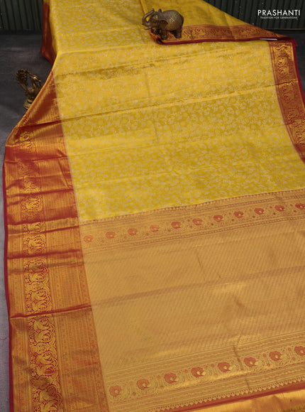 Kanchipuram tissue silk saree yellow and maroon with allover zari woven floral brocade weaves and long rich zari woven border