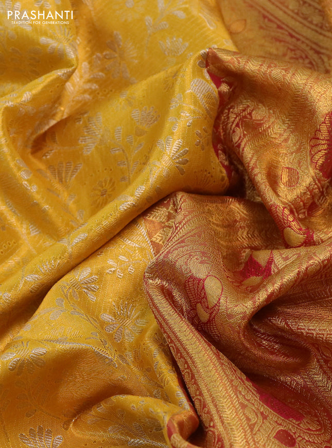 Kanchipuram tissue silk saree yellow and maroon with allover zari woven floral brocade weaves and long rich zari woven border