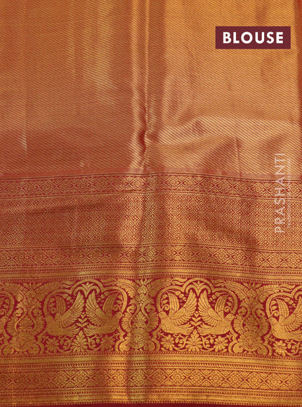 Kanchipuram tissue silk saree yellow and maroon with allover zari woven floral brocade weaves and long rich zari woven border