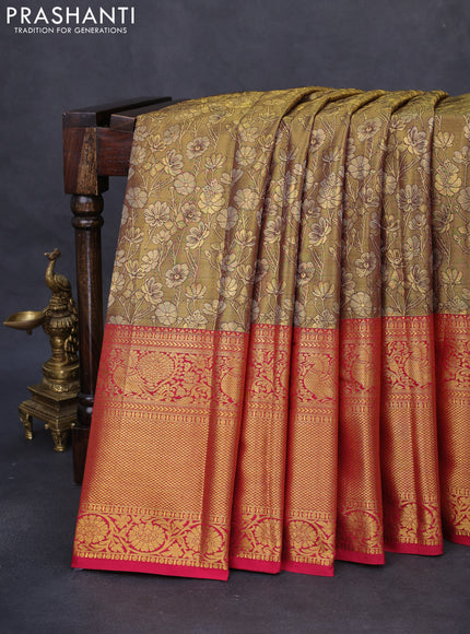 Kanchipuram tissue silk saree golden brown and pink with allover zari woven floral brocade weaves and long rich zari woven border