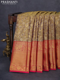 Kanchipuram tissue silk saree golden brown and pink with allover zari woven floral brocade weaves and long rich zari woven border