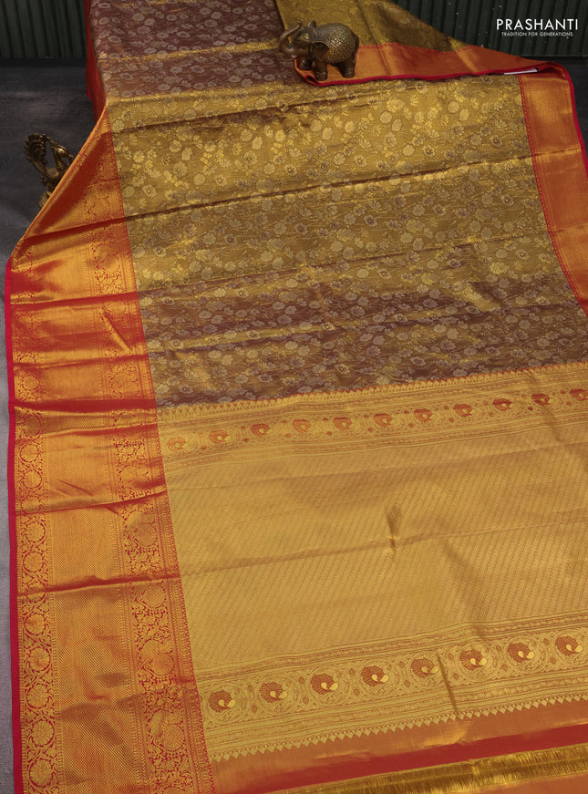 Kanchipuram tissue silk saree golden brown and pink with allover zari woven floral brocade weaves and long rich zari woven border