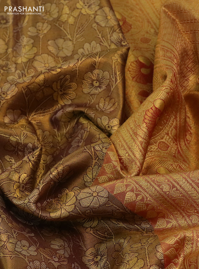 Kanchipuram tissue silk saree golden brown and pink with allover zari woven floral brocade weaves and long rich zari woven border