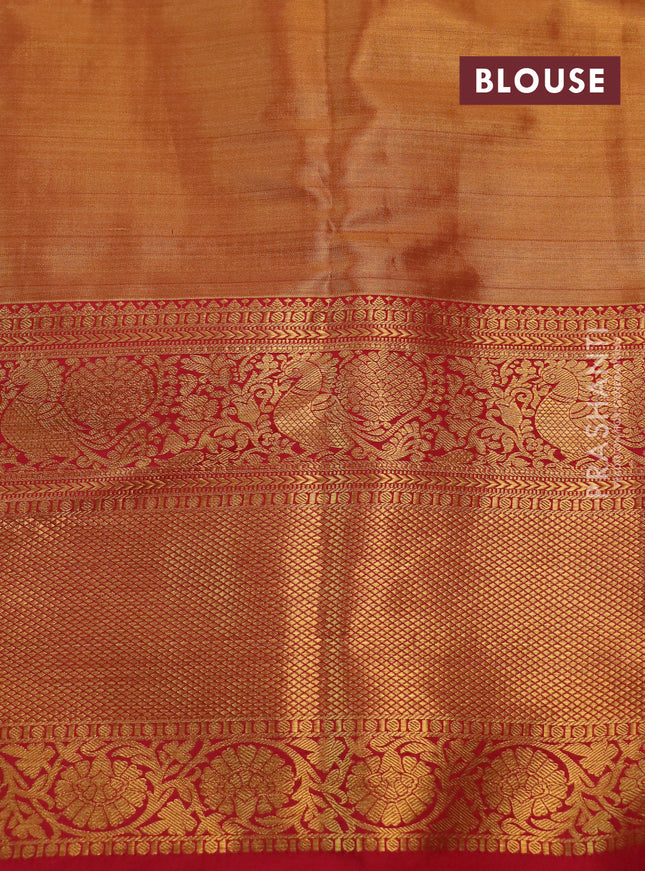 Kanchipuram tissue silk saree golden brown and pink with allover zari woven floral brocade weaves and long rich zari woven border