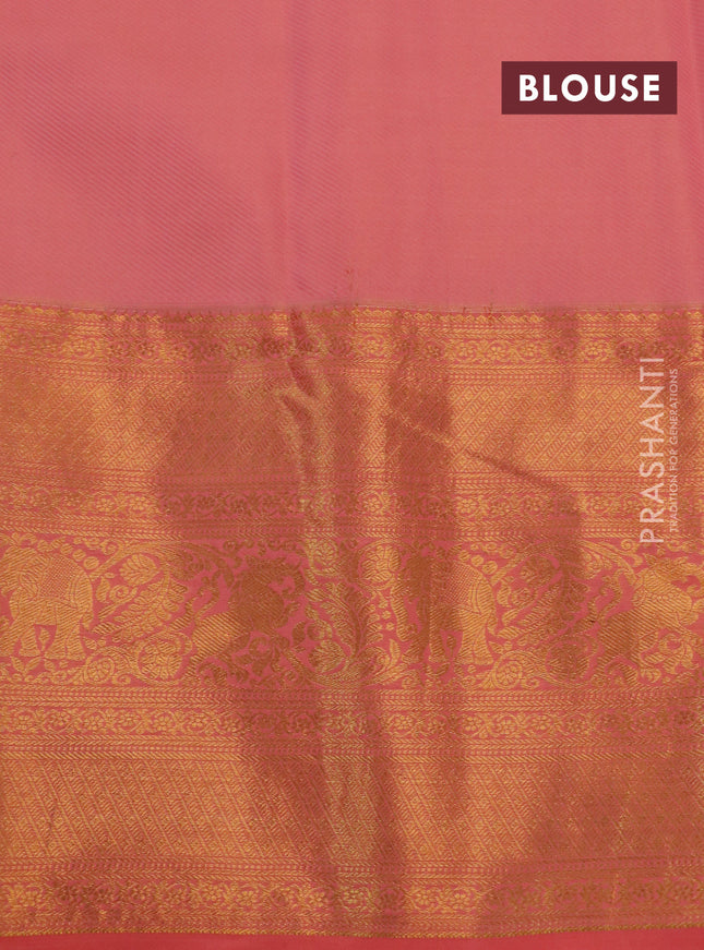 Kanchipuram tissue silk saree sandal and peach orange with allover silver zari woven floral brocade weaves and long rich zari woven border