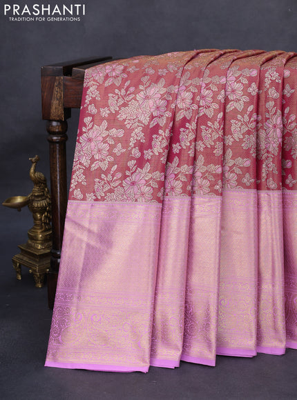 Kanchipuram tissue silk saree dual shade of pink and lavender with allover zari woven floral brocade weaves and long rich zari woven border