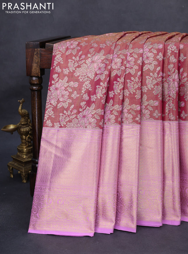 Kanchipuram tissue silk saree dual shade of pink and lavender with allover zari woven floral brocade weaves and long rich zari woven border