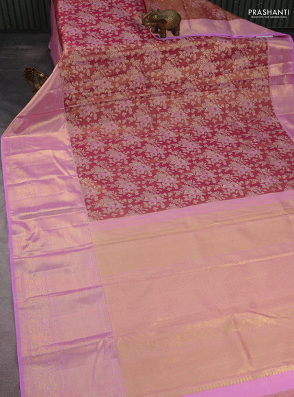 Kanchipuram tissue silk saree dual shade of pink and lavender with allover zari woven floral brocade weaves and long rich zari woven border