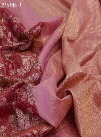Kanchipuram tissue silk saree dual shade of pink and lavender with allover zari woven floral brocade weaves and long rich zari woven border