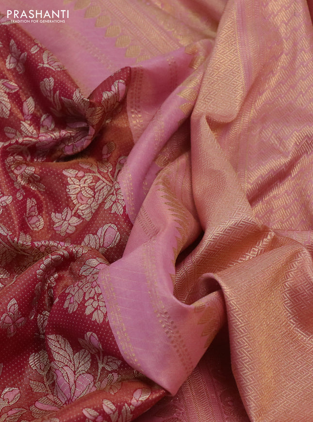 Kanchipuram tissue silk saree dual shade of pink and lavender with allover zari woven floral brocade weaves and long rich zari woven border