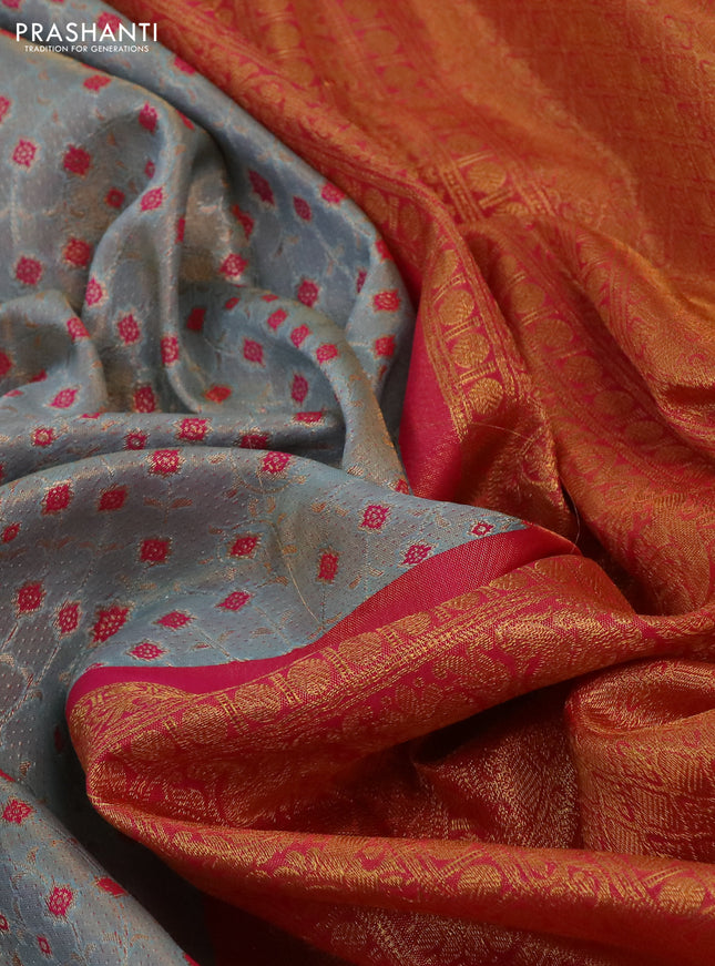 Kanchipuram tissue silk saree dual shade of pastel blue and pink with allover zari woven brocade weaves and long rich zari woven border