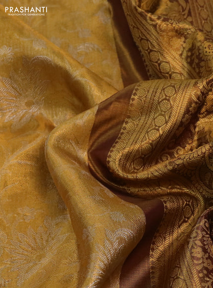 Kanchipuram tissue silk saree gold and wine shade with allover zari woven floral brocade weaves and long rich zari woven border