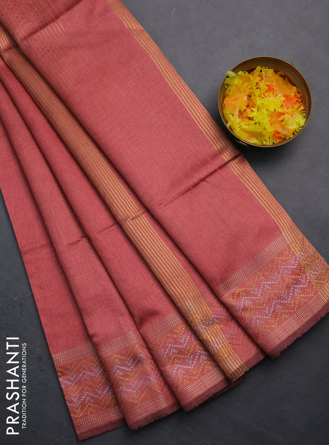 Semi dupion saree peach pink with plain body and silver & gold zari woven border