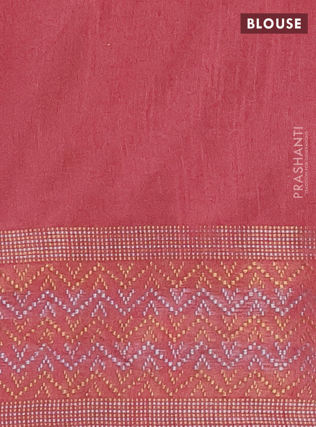 Semi dupion saree peach pink with plain body and silver & gold zari woven border