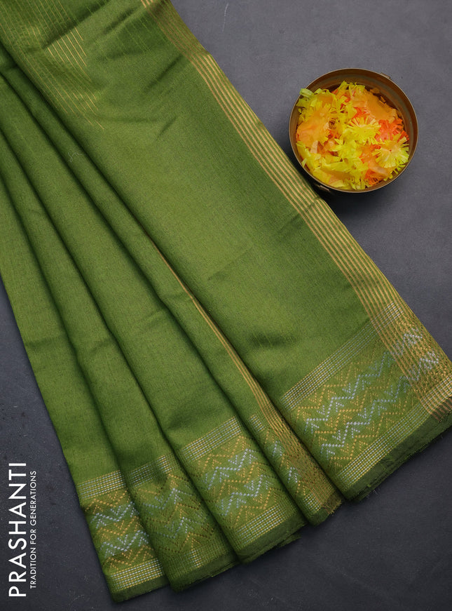 Semi dupion saree mehendi green with plain body and silver & gold zari woven border