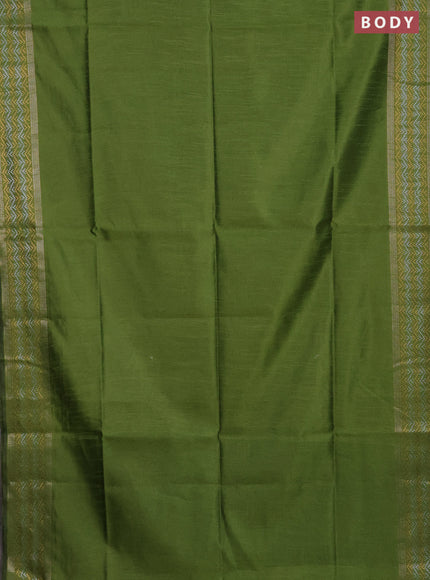 Semi dupion saree mehendi green with plain body and silver & gold zari woven border