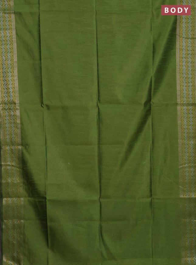 Semi dupion saree mehendi green with plain body and silver & gold zari woven border