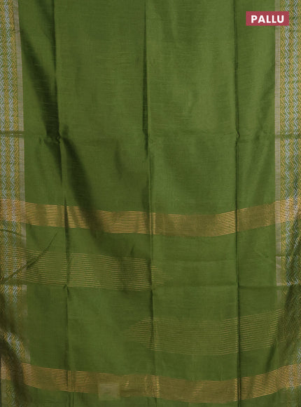 Semi dupion saree mehendi green with plain body and silver & gold zari woven border
