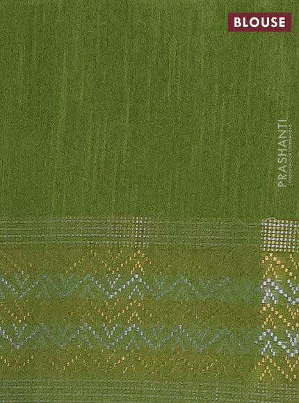 Semi dupion saree mehendi green with plain body and silver & gold zari woven border