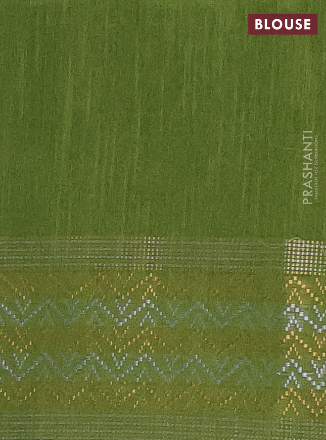 Semi dupion saree mehendi green with plain body and silver & gold zari woven border