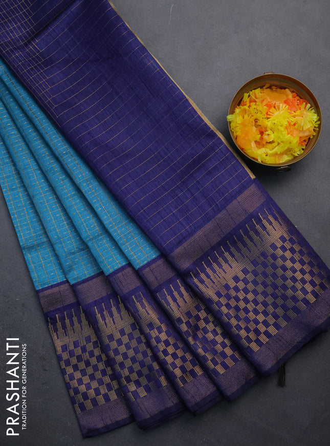 Semi dupion saree teal blue and navy blue with allover zari checks & buttas and long zari woven border