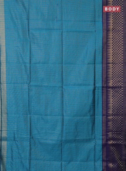 Semi dupion saree teal blue and navy blue with allover zari checks & buttas and long zari woven border