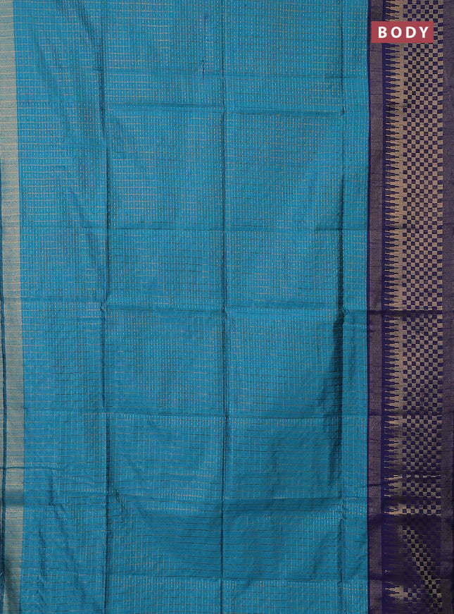 Semi dupion saree teal blue and navy blue with allover zari checks & buttas and long zari woven border