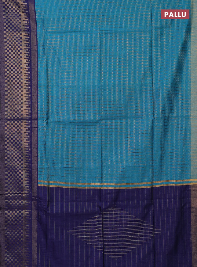 Semi dupion saree teal blue and navy blue with allover zari checks & buttas and long zari woven border
