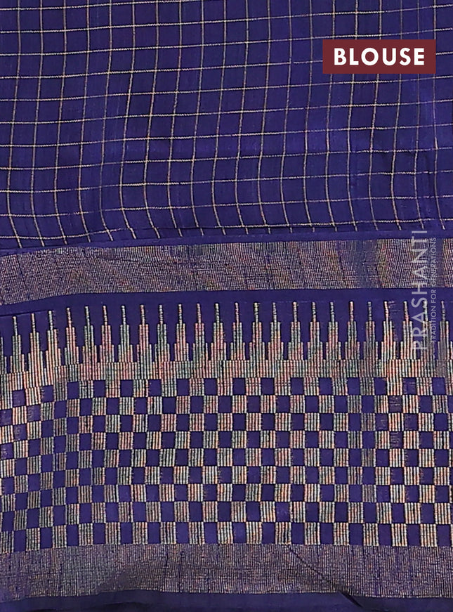 Semi dupion saree teal blue and navy blue with allover zari checks & buttas and long zari woven border