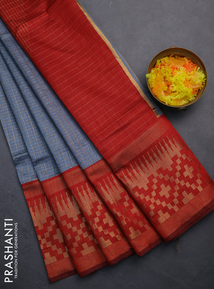 Semi dupion saree grey and maroon with allover zari checks & buttas and long zari woven border
